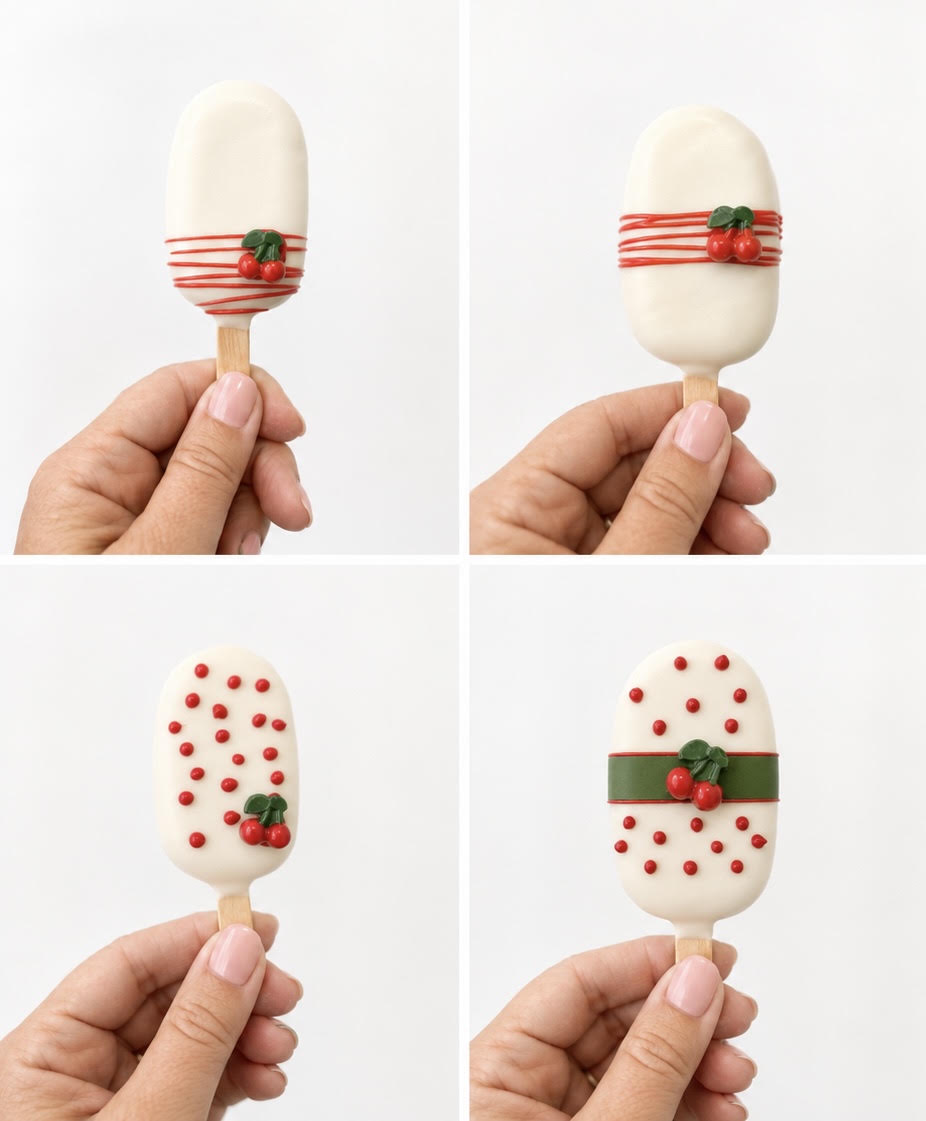 Cream cakesicles decorated with cherries, red drizzle, and dots